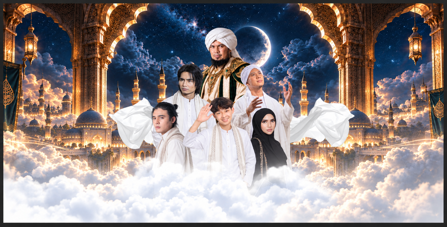 Keenam pengisi acara Konser Langit di tengah langit malam, awan, dan ornamen emas