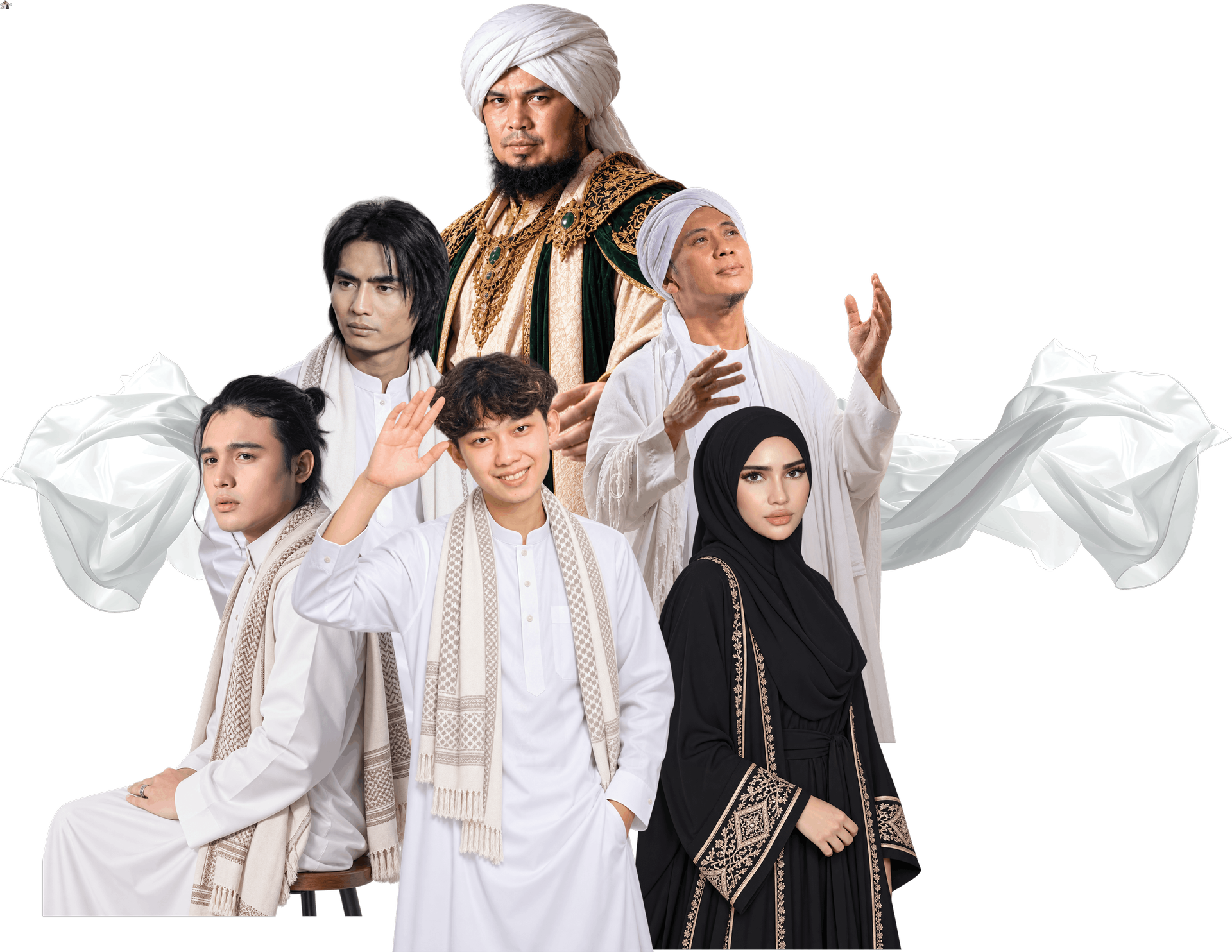 Keenam pengisi acara Konser Langit di antara langit malam, awan, dan ornamen emas